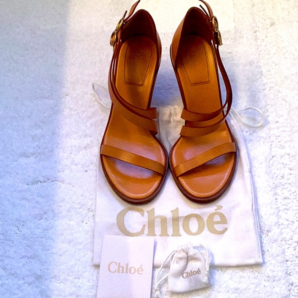 Chloe Sandal, never worn. NWOT in size 38. Beautiful Rich Tan Leather, 3 in heel